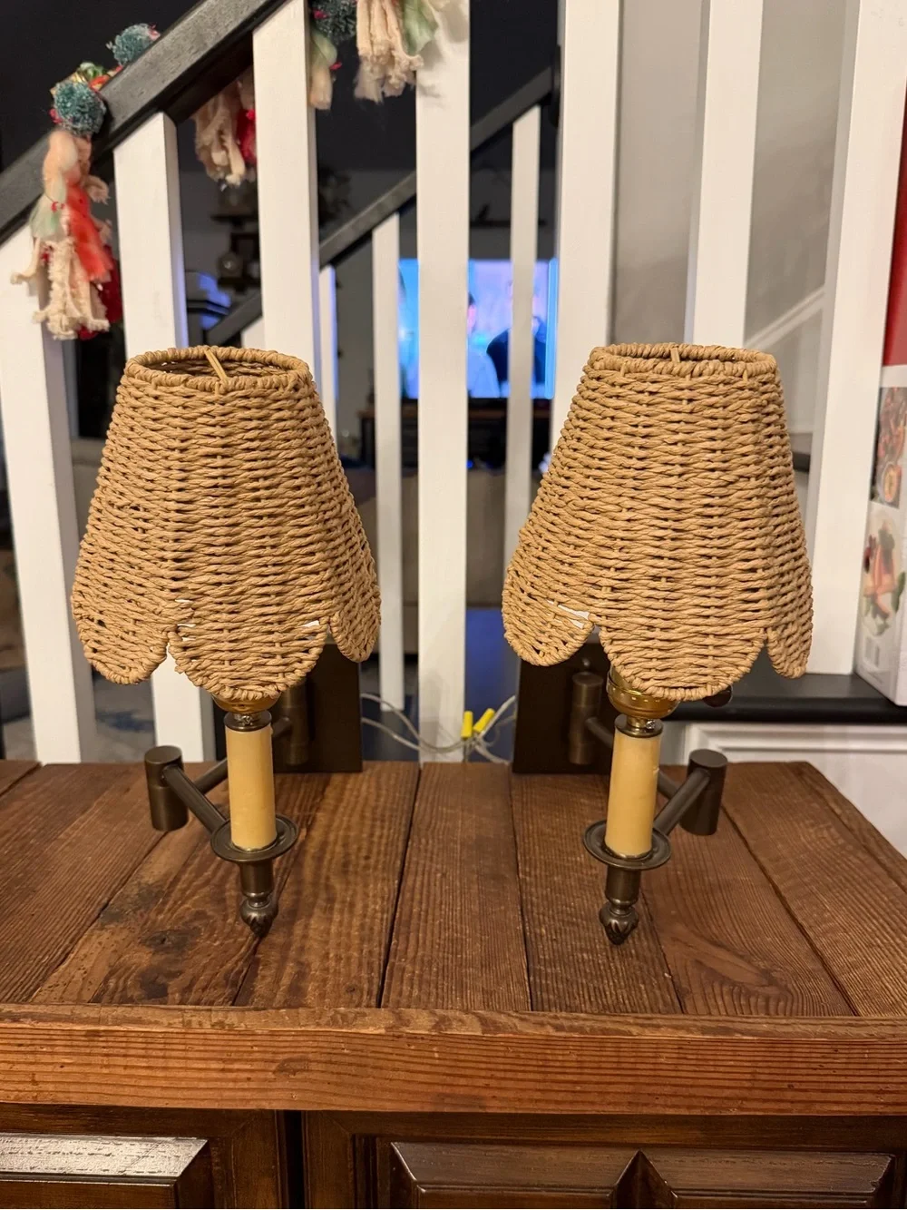 Pair of BOHO Wicker Shade Wall Sconces in Bronze-tone